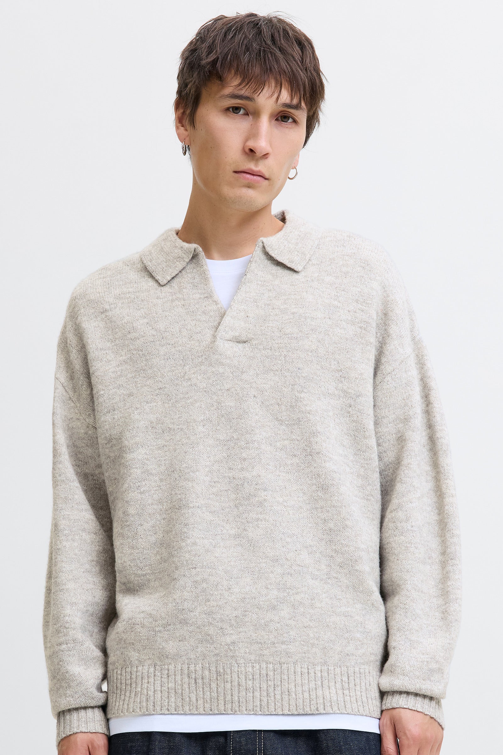Jack & Jones Soho Ollie Knit Split Neck Light Grey Melange