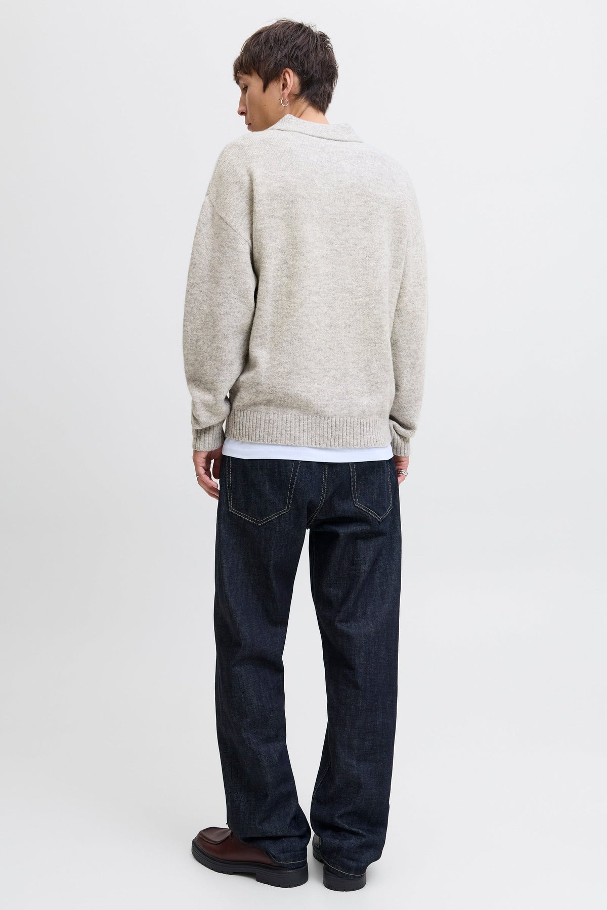 Jack & Jones Soho Ollie Knit Split Neck Light Grey Melange