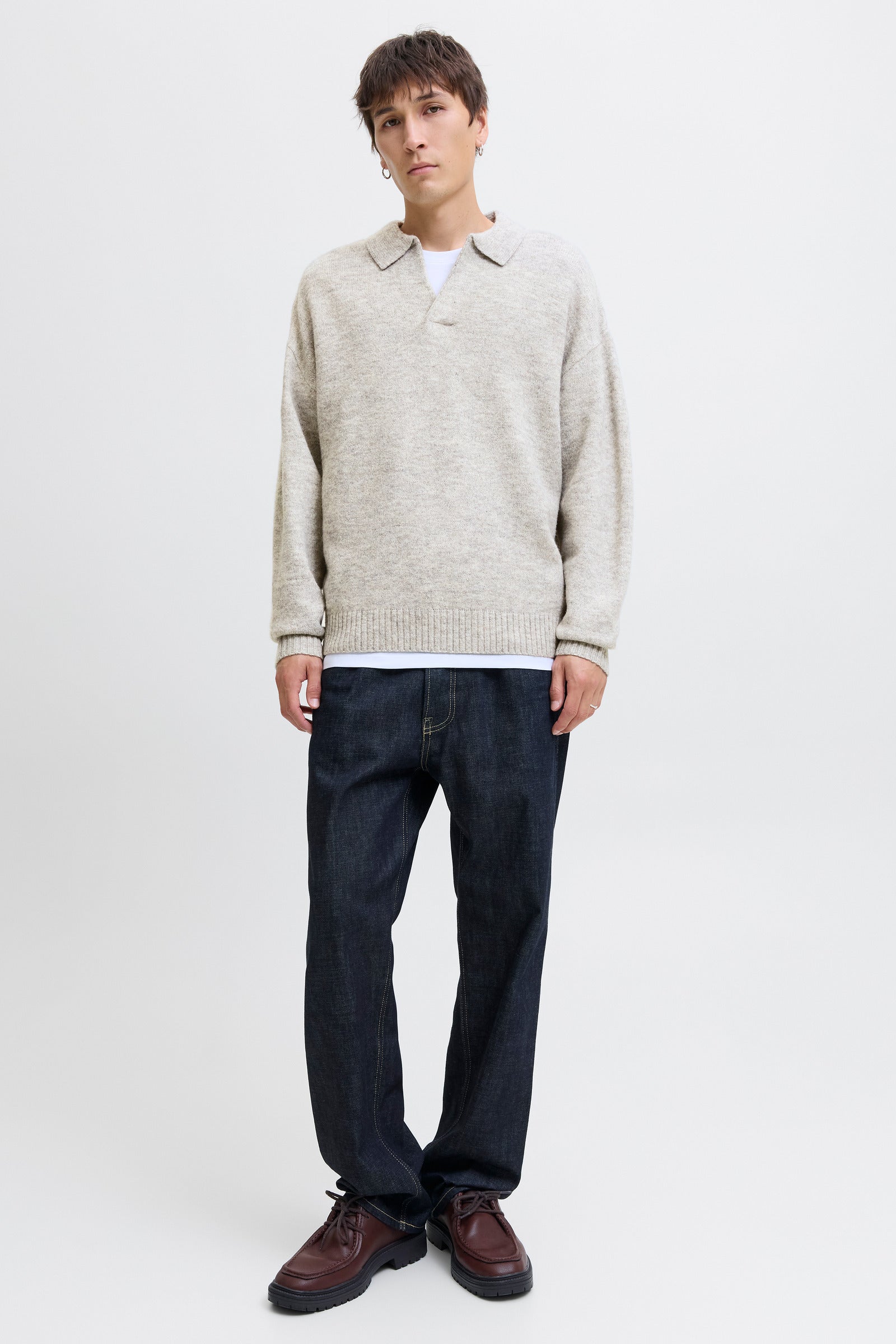 Jack & Jones Soho Ollie Knit Split Neck Light Grey Melange