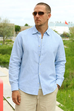 Selected Regclay Linenblend Long Shirt Dusty Blue