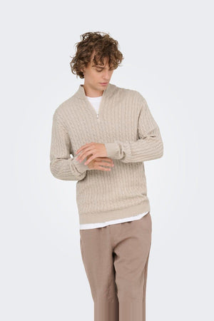 Only & Sons Loui Reg 12 Cabel Half Zip Knit Oatmeal