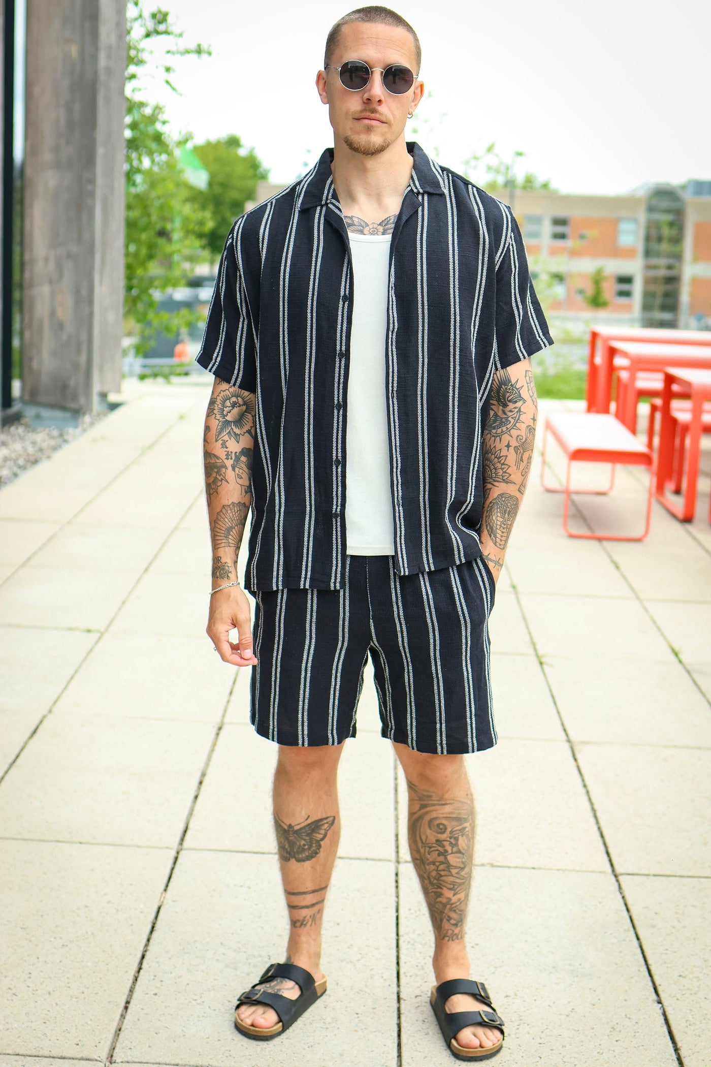 ONLY & SONS Trev Reg Structure Stripe SS Hemd Dark Navy